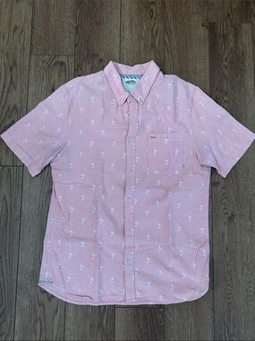 Vans Pink Short-Sleeve Button-Down Shirt with White Palm Print